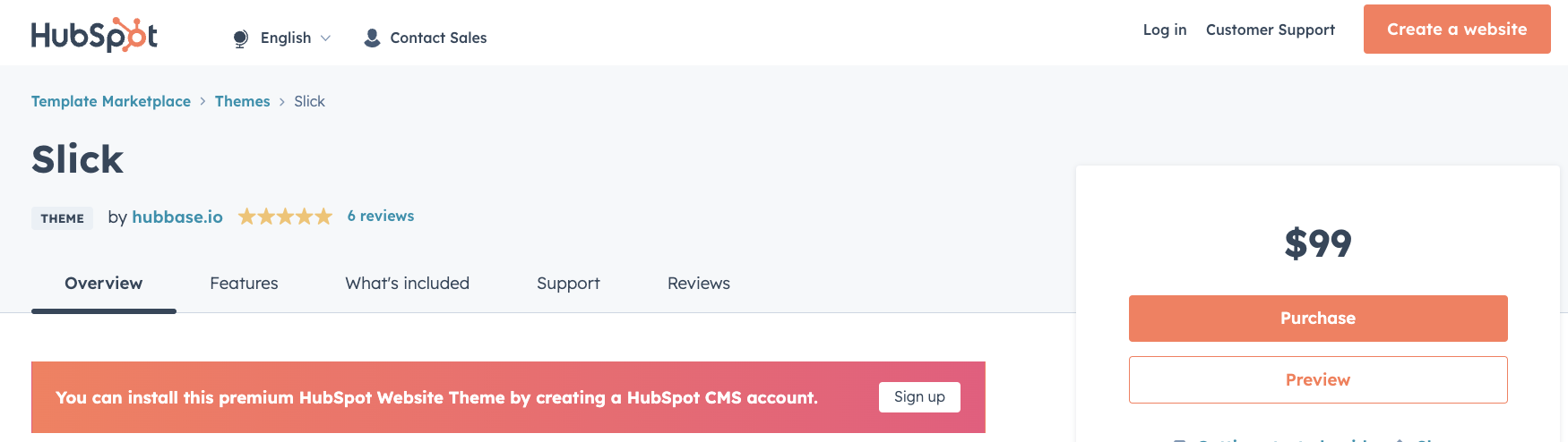 Slick HubSpot Theme Marketplace Listing and Reviews