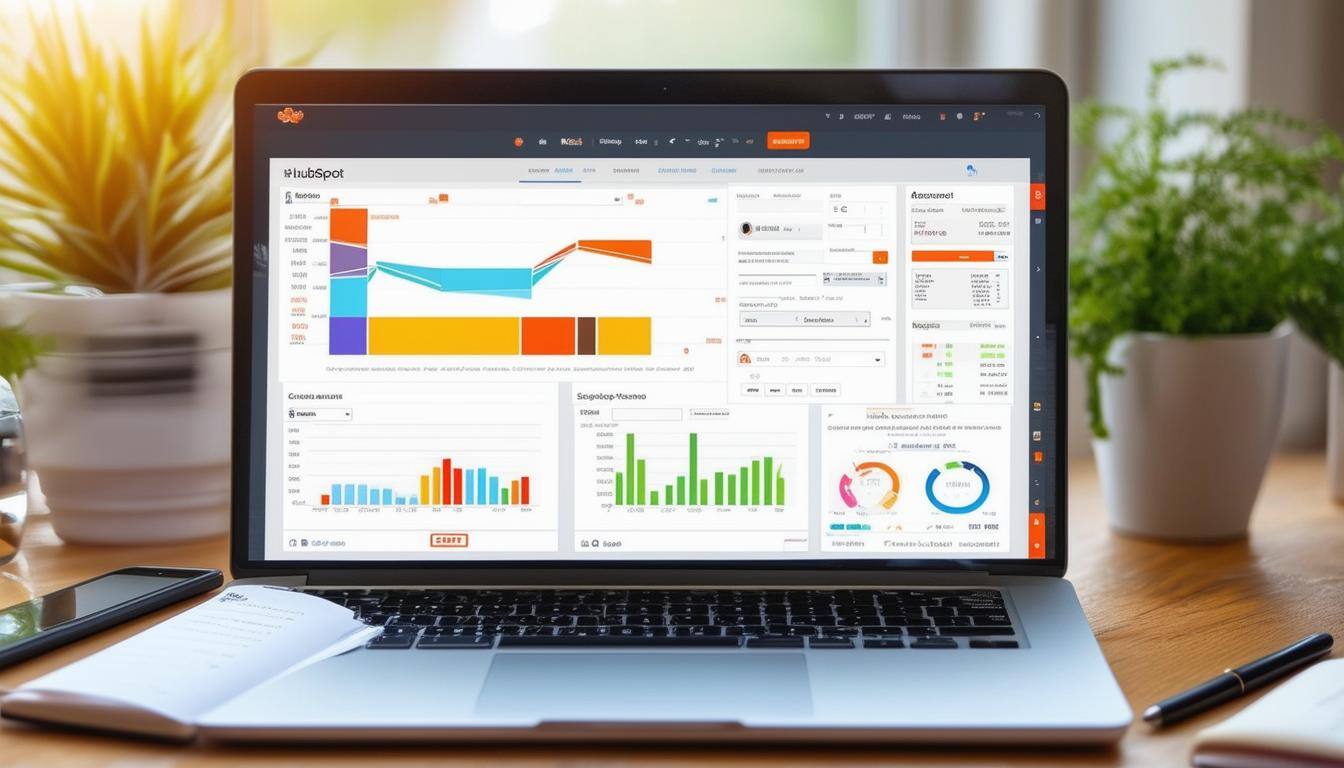 The image features a sleek, modern laptop placed on a wooden desk, displaying a vibrant HubSpot calculator interface. The screen shows colorful graphs